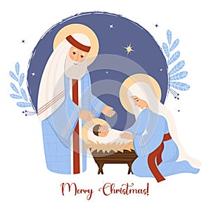 Merry Christmas postcard. Holy Family. Virgin Mary, Saint Joseph and baby Jesus in manger. Birth of Savior Christ. Holy