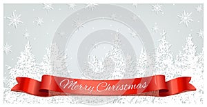 Merry Christmas postcard with red ribbon on snowing forest background. Vector Christmas template.