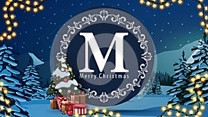 Merry Christmas, postcard with round logo, garland, Christmas tree in a pot with gifts and winter landscape on background