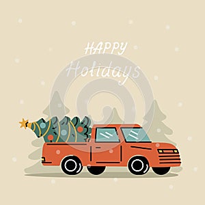 Merry Christmas Postcard template with retro pickup truck with christmas tree