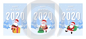 Merry Christmas Postcards Set with Santa Claus and Gifts. Winter Holidays Greeting Card Template. Happy New 2020 Year