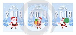 Merry Christmas Postcards Set with Santa Claus. Winter Xmas Holidays Greeting Card Template. Happy New Year Banner