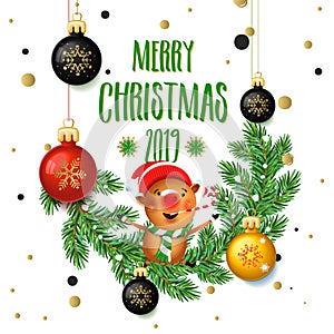 Merry Christmas 2019 poster card with pig