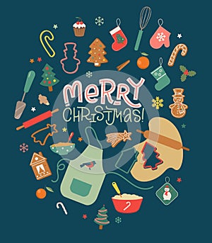 Merry Christmas. Poster with cute gingerbread cookies, dishes and elements for Christmas bakery. Dark background. Vector