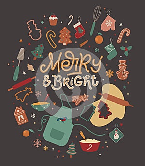Merry Christmas. Poster with cute gingerbread cookies, dishes and elements for Christmas bakery. Dark background. Vector