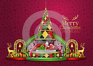 Merry Christmas poster design 3d platform with Christmas elements. vector illustration