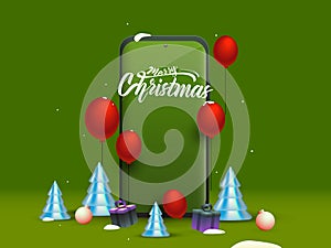 Merry Christmas Poster Design with 3D Xmas Trees, Gift Boxes, Balloons and Smartphone on Green
