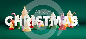 Merry Christmas poster design. Big white letters with colored decorated trees. Festive Christmas forest. Realistic holiday