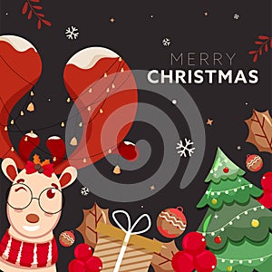 Merry Christmas Poster Design with Cartoon Reindeer Face, Baubles, Holly Berries and Decorative Xmas Tree on Dark