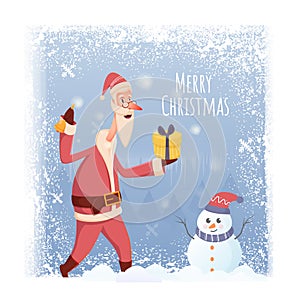 Merry Christmas Poster Design with Cartoon Santa Claus Holding a Gift Box, Bell and Snowman Character on Snow Falling