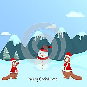 Merry Christmas Poster Design With Cartoon Snowman, Funny Squirrel Holding Snowballs On Blue And Cyan Mountain