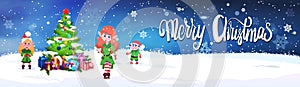 Merry Christmas Poster Design With Decorated Pine Tree And Green Elfs On Background