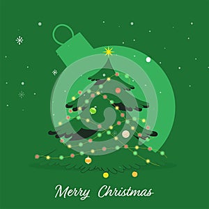 Merry Christmas Poster Design With Decorative Xmas Tree On Green Bauble