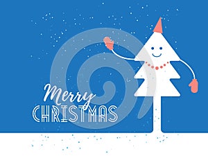 Merry Christmas. Poster Design with dressy smiling Christmas tree silhouette. Holiday background. The tree is dressed in mittens,
