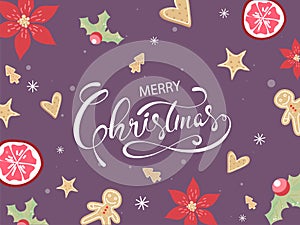 Merry Christmas Poster Design with Flower, Holly Berries, Passion Fruit, Star fruits, Gingerbread, Xmas tree, Hearts Cookies on