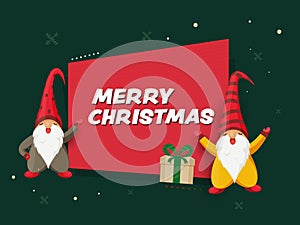 Merry Christmas Poster Design with Gift Box and Two Cartoon Gnome Character on Green