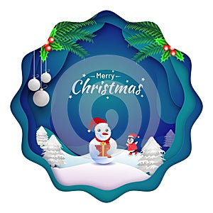 Merry Christmas poster design with illustration of cute snowman