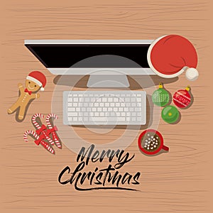 Merry christmas poster with desktop computer scene in top view with christmas decoration and candies and cookies and