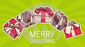 Merry Christmas Poster With Different Gift Boxes Retro Banner Design Pop Art Background