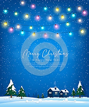Merry Christmas poster greeting card bulb light, house, tree and snow blue background