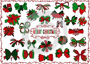 Merry Christmas poster with presents bows set in different styles and ornate frame. Isolated on white background.