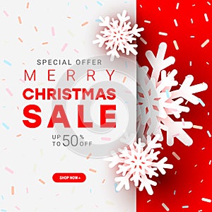 Merry Christmas poster. Red white xmas paper cut snowball with text on red background. Vector illustration