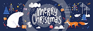 Merry Christmas poster in Scandic doodle style with cute animals.