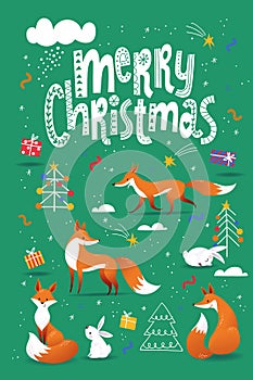 Merry Christmas poster in Scandic doodle style with cute animals.