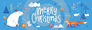 Merry Christmas poster in Scandic doodle style with cute animals.