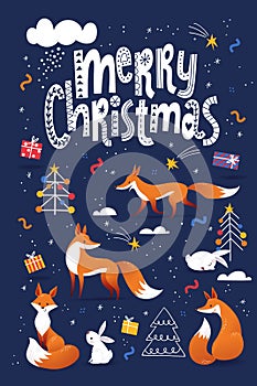 Merry Christmas poster in Scandic doodle style with cute animals.