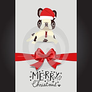Merry christmas Pug dogs in the red hat hand lettering vector.