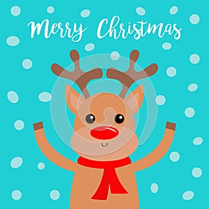 Merry Christmas. Raindeer deer head face. Big horns. Red nose. Happy New Year. Cute cartoon kawaii baby character. Funny animal.