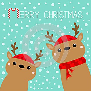 Merry Christmas. Raindeer deer head face icon set. Red hat, scarf, nose, horns. Happy New Year. Cute cartoon kawaii baby character