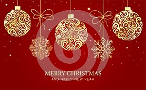 Merry Christmas red background with golden Christmas balls, snowflakes and glares. Happy New Year gold texture design as