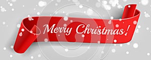 Merry Christmas.Red Banner. Ribbon,snow ,bokeh.3D detailed realistic curved paper. Vector Illustration, red sale banner