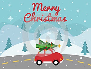 Merry Christmas red car with xmas tree on the top. Christmas card with winter landscape, road, retro pickup, xmas tree. Bright hol