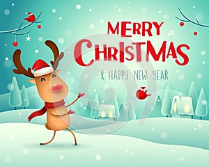 Merry Christmas! The red-nosed reindeer greets in Christmas snow scene winter landscape.