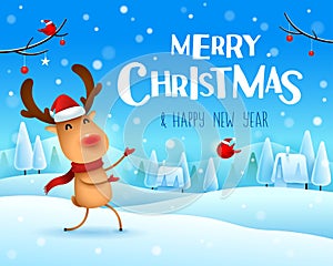 Merry Christmas! The red-nosed reindeer greets in Christmas snow scene winter landscape.