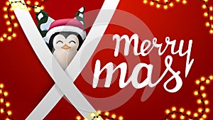 Merry Christmas, red postcard with garland, diagonal white lines and penguin in Santa Claus hat behind