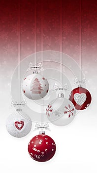 Merry Christmas red and white pearled decorative balls with silver shiny ribbons bows and glitter patterns, hanging on blurred