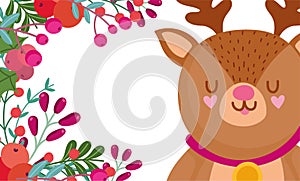 Merry christmas, reindeer cartoon and floral decoration celebration card