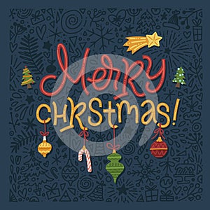 Merry Christmas Retro Balls POSTER. Stars Christmas Tree and Star. Doddle Retro Poster Season`s Greeting
