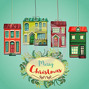 Merry Christmas retro card. Vintage cartoon city houses and wreath of christmas plants.