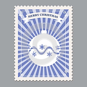 Merry Christmas retro postage stamp with christmas ball. Vector illustration isolated