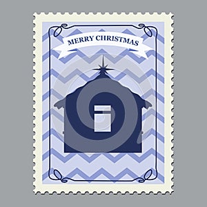 Merry Christmas retro postage stamp with christmas hut. Vector illustration isolated