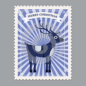 Merry Christmas retro postage stamp with deer. Vector illustration isolated