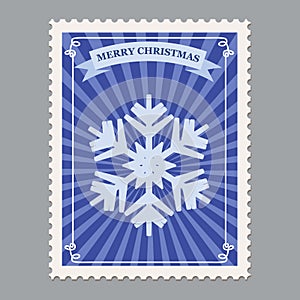 Merry Christmas retro postage stamp with snowflake. Vector illustration isolated
