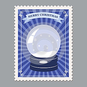 Merry Christmas retro postage stamp with snowglobe. Vector illustration isolated