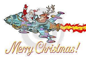 Merry Christmas. Retro Santa Claus with a deer flying on a rocke