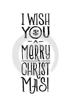 Merry Christmas Retro Vector Poster. Black and White Monochrome Design. Ink Hand Drawn Calligraphy Template for Winter